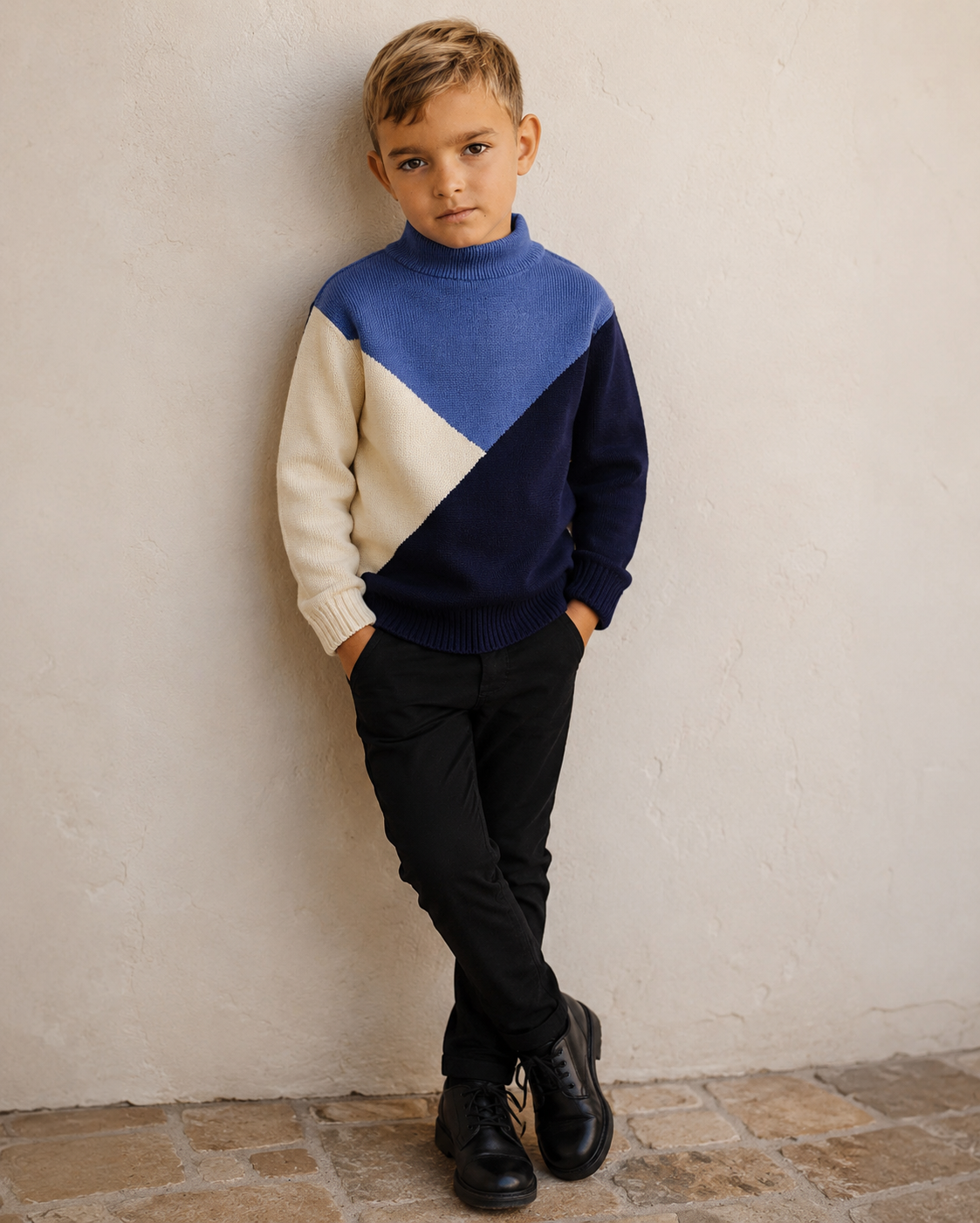 Child wearing a blue and white sweater with black pants against a beige wall.