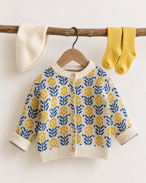 A baby knit cardigan sweater with a blue and yellow floral pattern, hanging on a wooden hanger from a rustic branch. A matching cream knit beanie and a pair of yellow ribbed socks are also hanging on the branch against a clean off-white background.