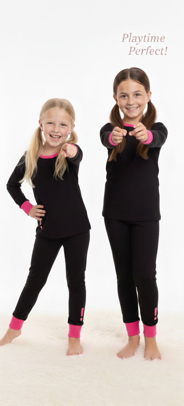 Kids 100% cotton pajamas Black with Electric Pink