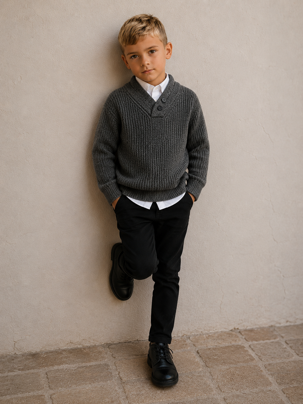 Boys Round Neck Knit Sweater dark grey with two neck buttons for decoration