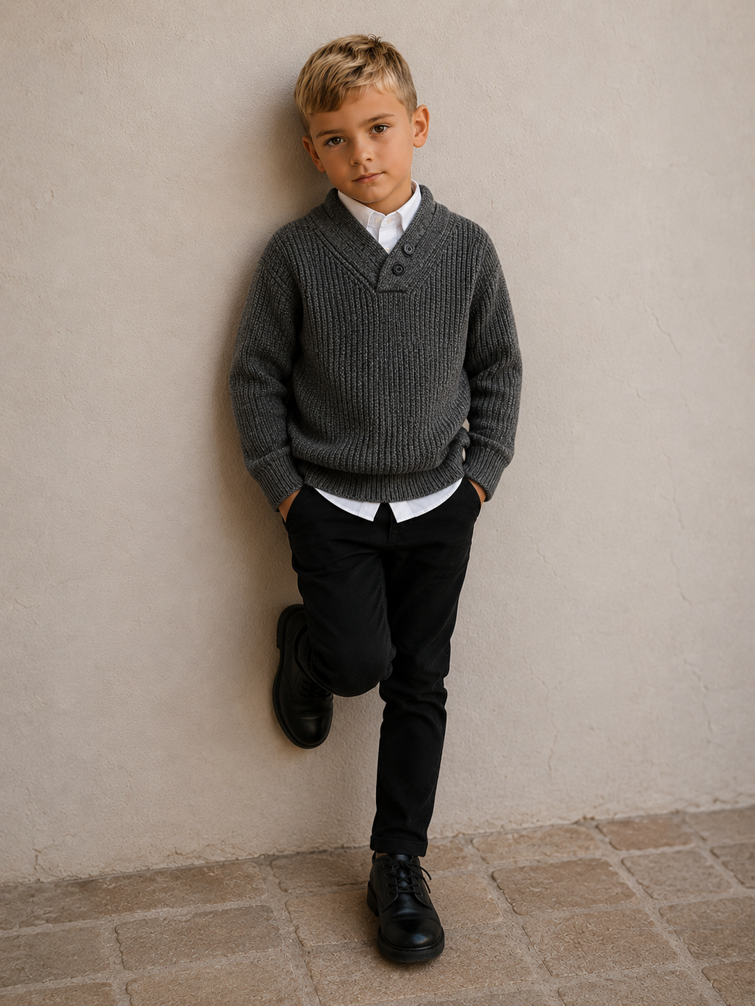 Boys Round Neck Knit Sweater dark grey with two neck buttons for decoration