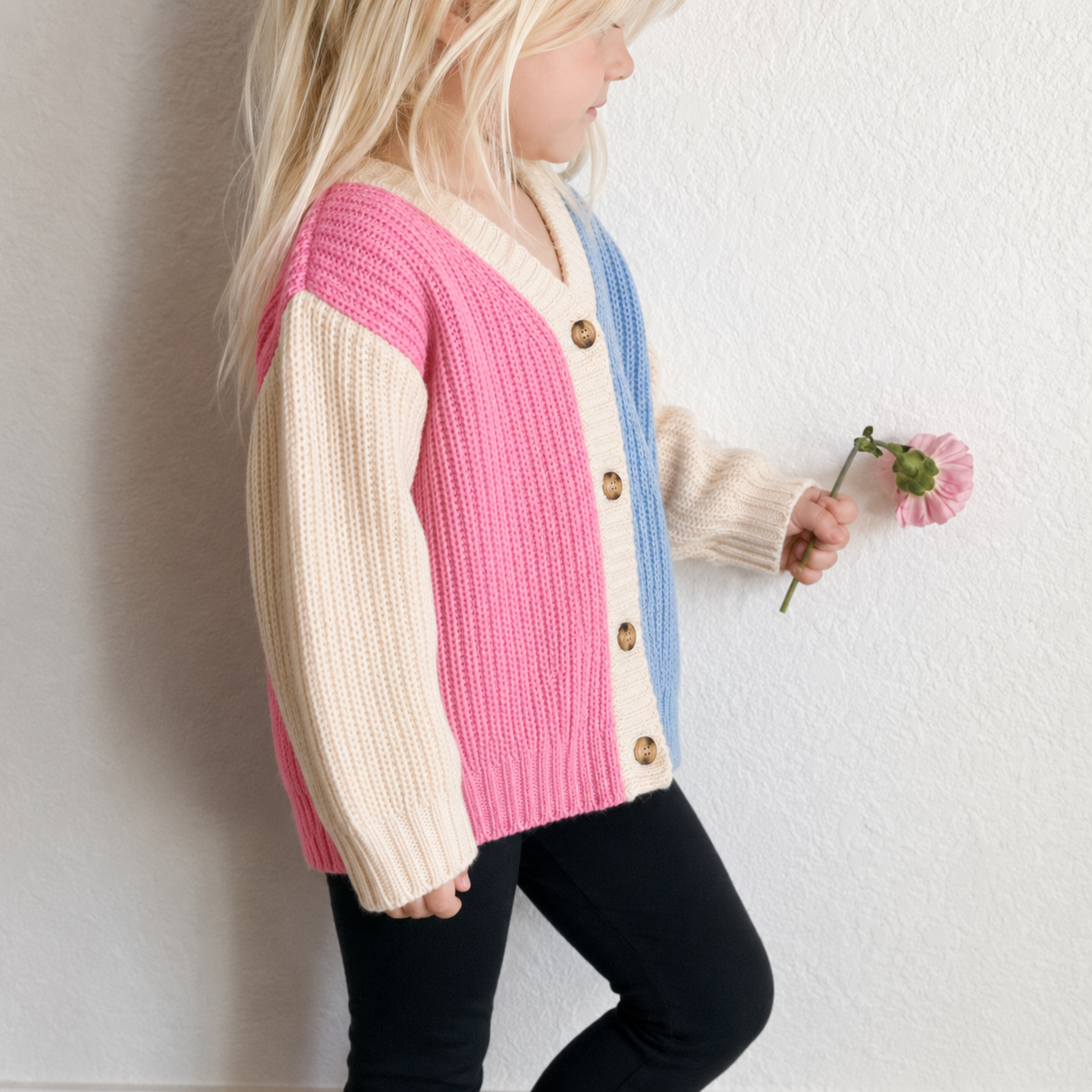 A young girl wearing a chunky knit colorblock cardigan with pink, cream, and light blue panels, holding a pink flower against a textured white wall.
