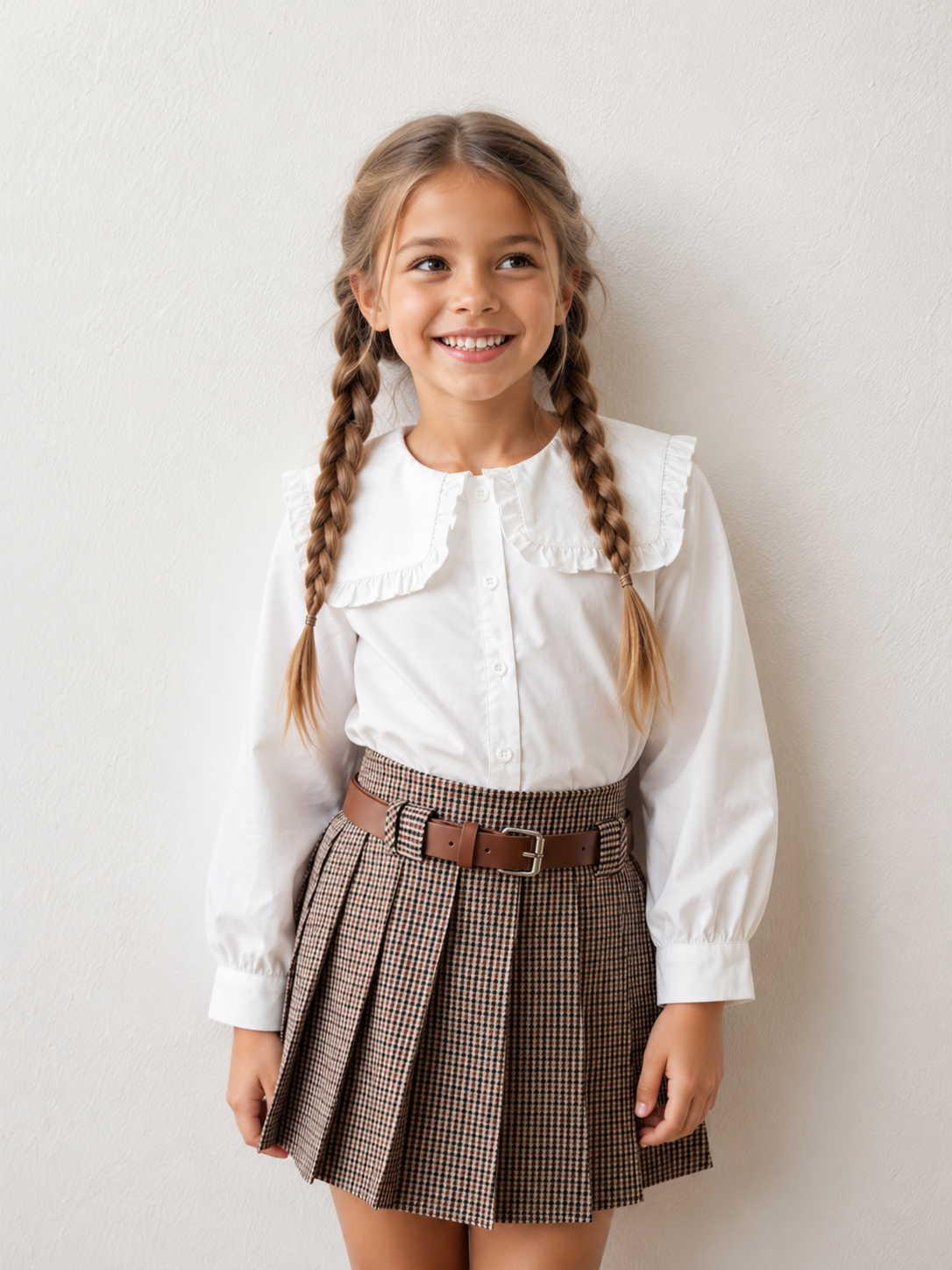 A young girl with long braided hair is smiling and looking to the side, wearing a white long-sleeve blouse with a ruffled collar and a brown and beige plaid pleated skirt with a brown belt, standing against a light textured wall.