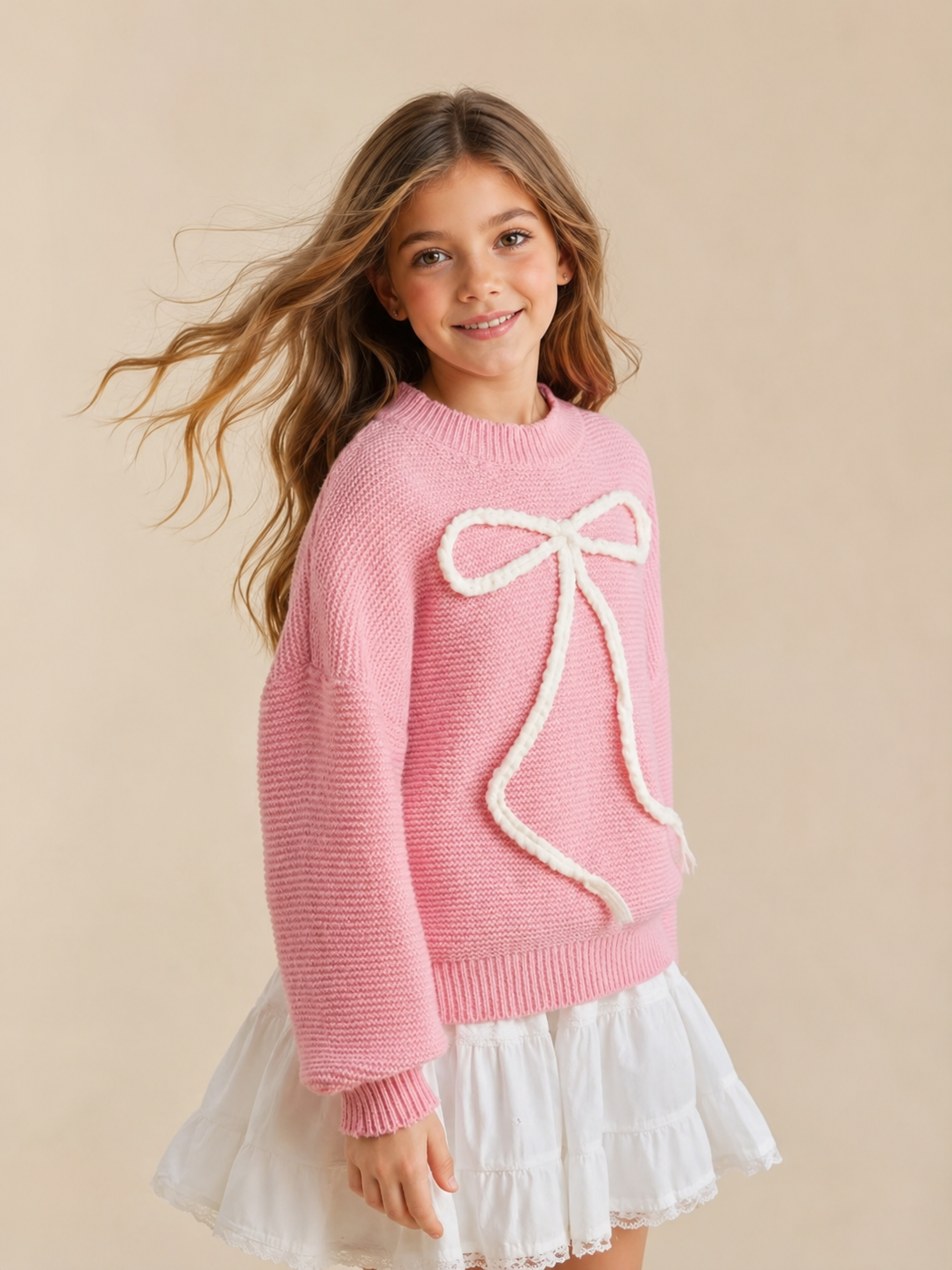 A young girl with long light brown hair wearing a pink ribbed knit sweater with a large white fuzzy bow detail on the front, paired with a white ruffled skirt, against a solid beige background.