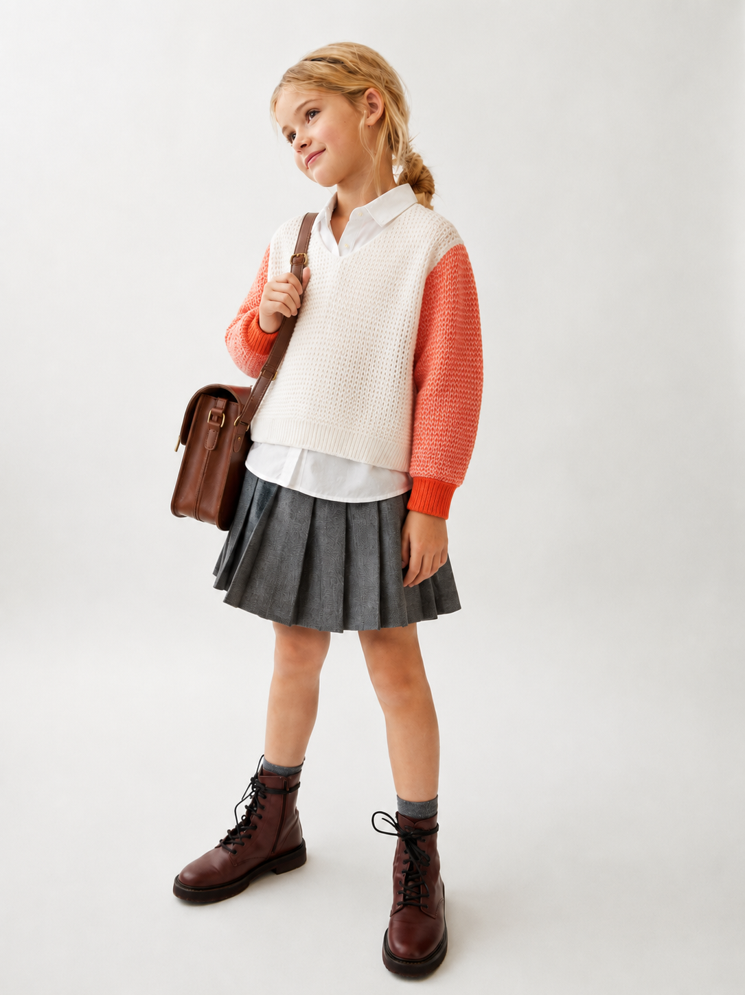 A young girl models a school uniform outfit consisting of a white collared shirt, a cream knit vest with orange sleeves, a dark gray pleated skirt, and dark brown lace-up boots. She is carrying a brown leather messenger bag against a plain light gray studio background.