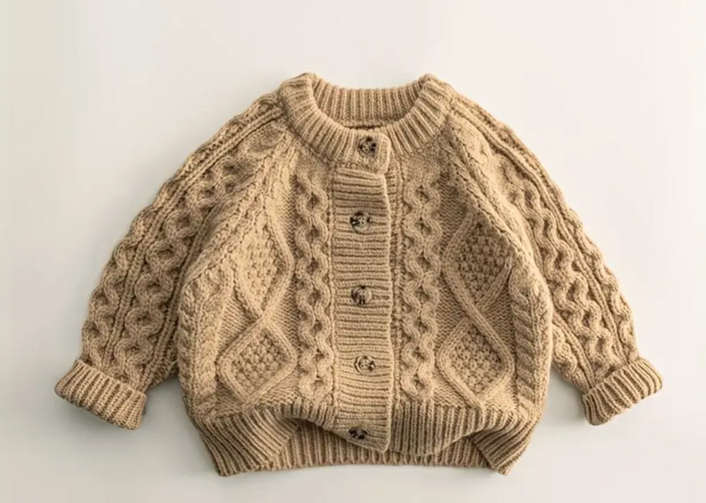 Boys brown cable knit button down sweater