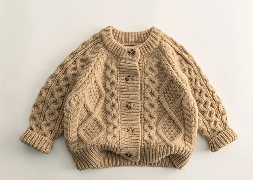 Boys brown cable knit button down sweater