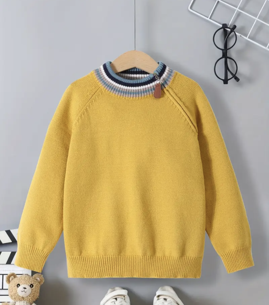 Boys Round Neck Knit Sweater mustard color with leather zipper