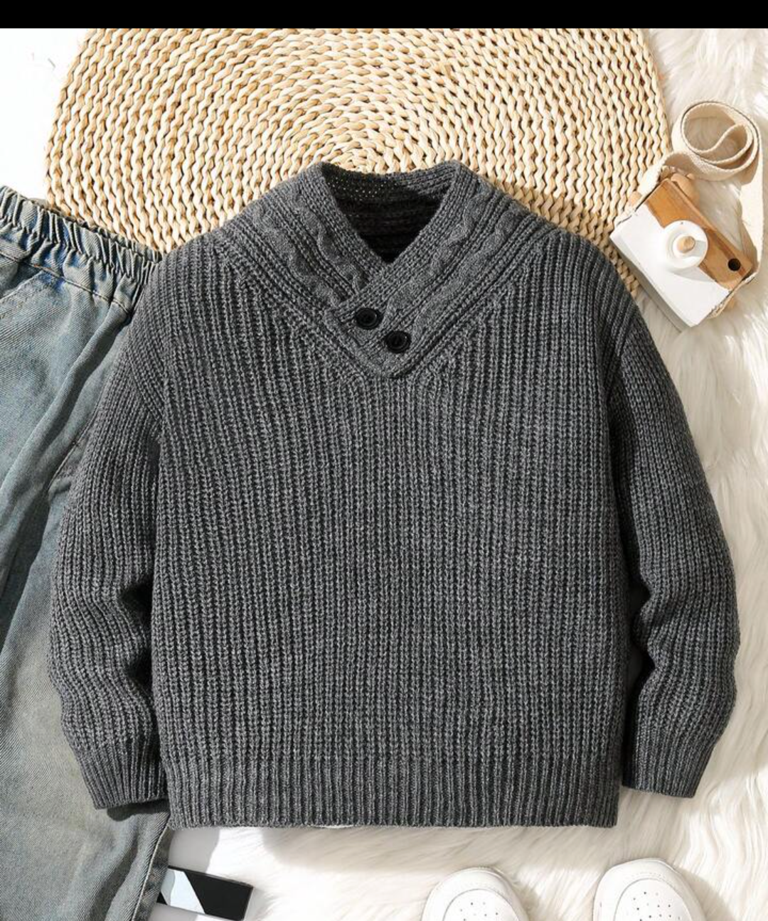 Boys Round Neck Knit Sweater dark grey with two neck buttons for decoration
