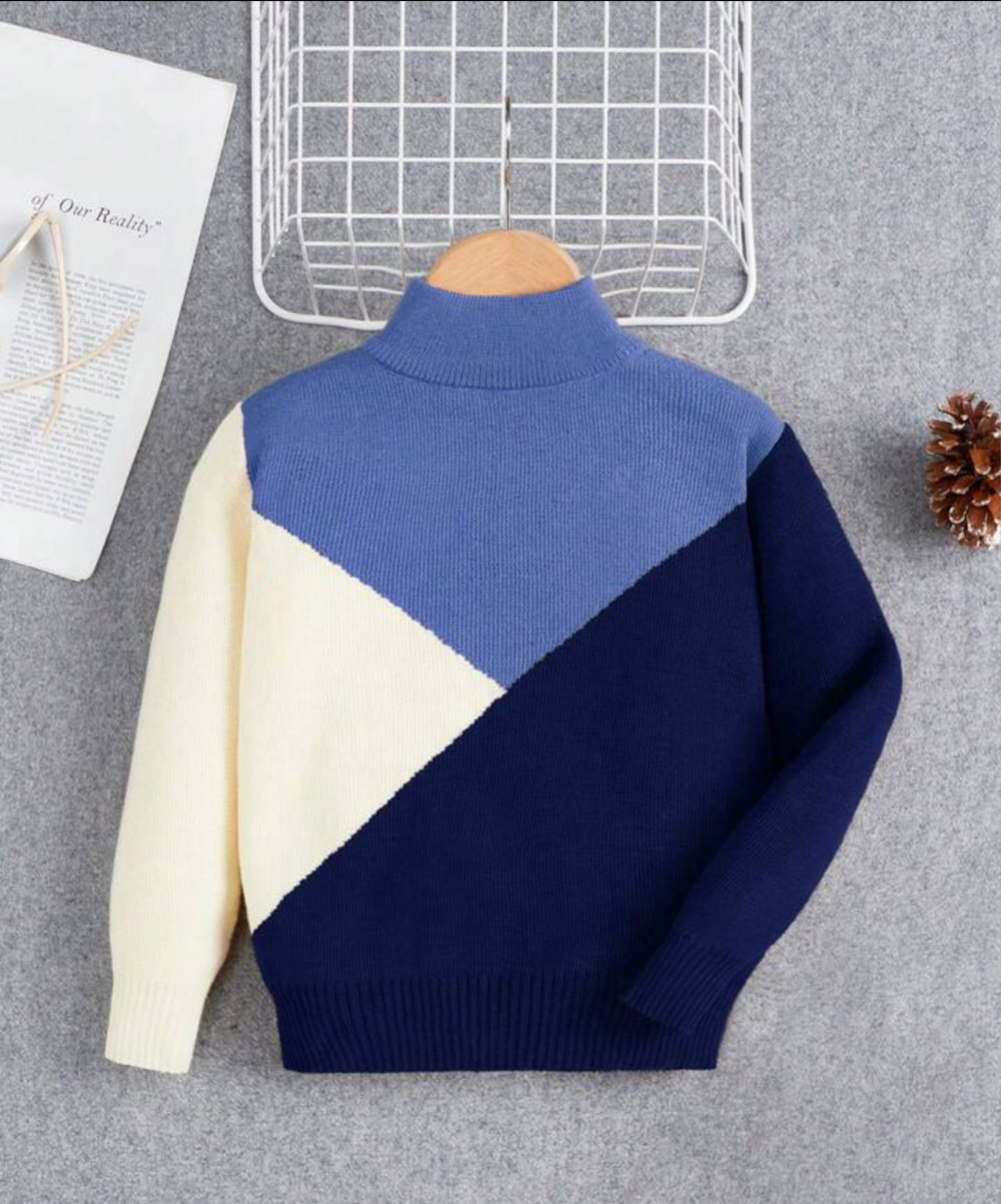 Blue Knit Sweater With White And Navy Print