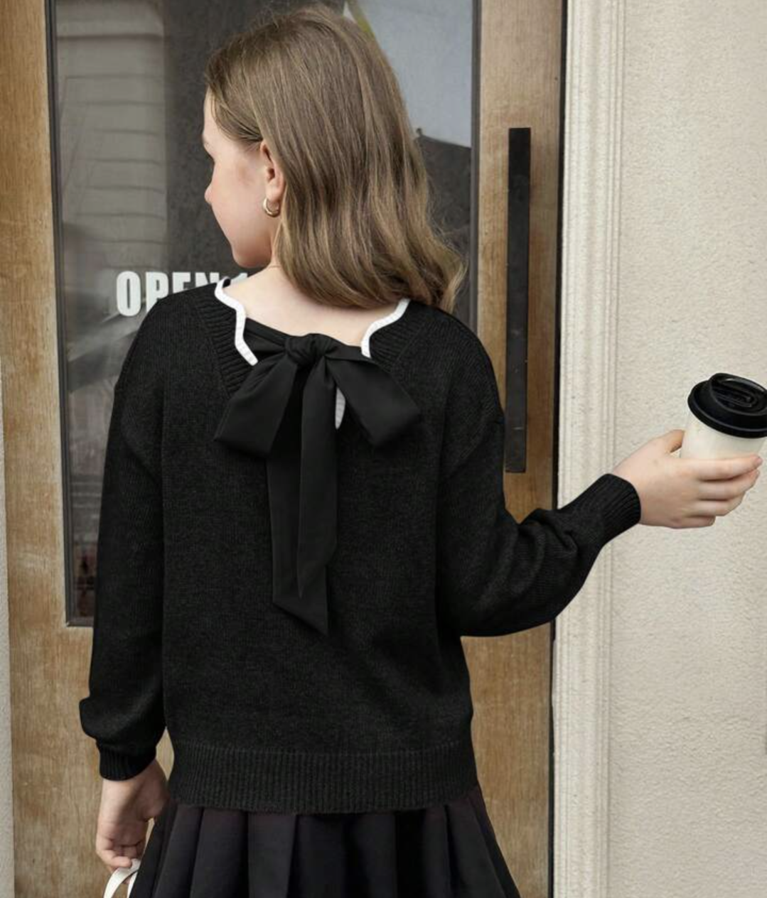 Girls Scalloped Neck Sweater With Bow Tie In The Back