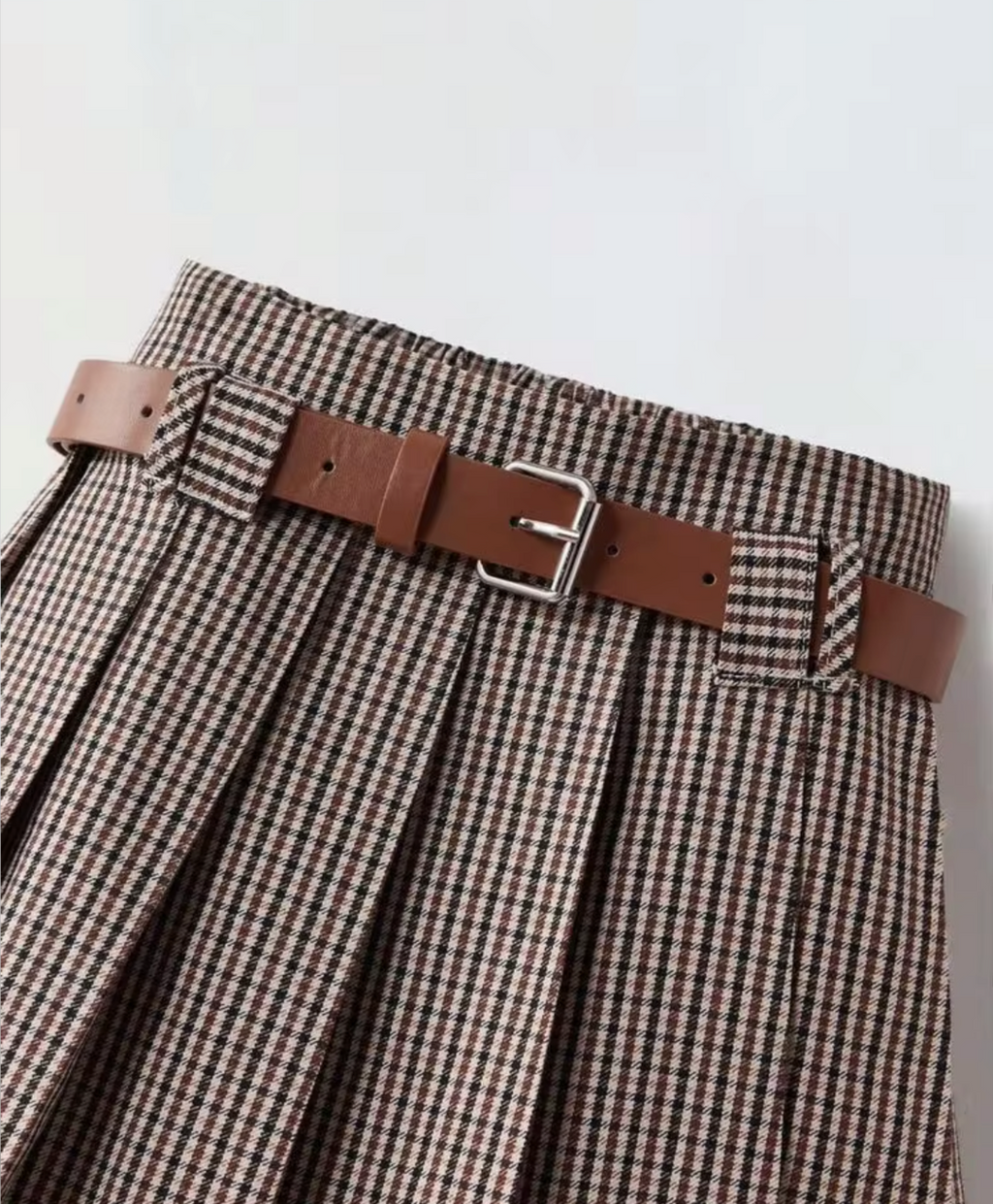 Girls Pleated Skirt Vintage Brown With Leather Belt
