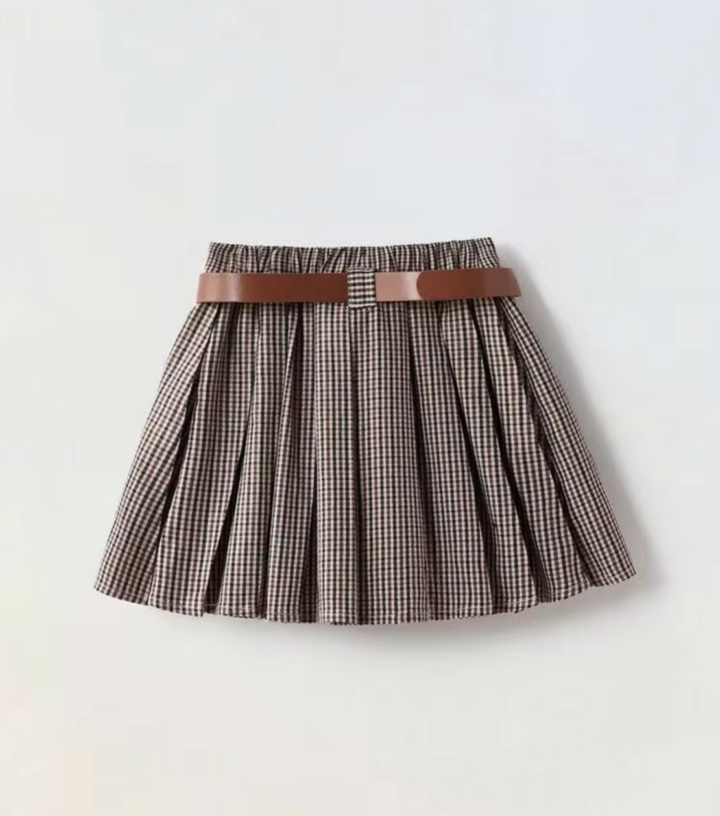 Girls Pleated Skirt Vintage Brown With Leather Belt