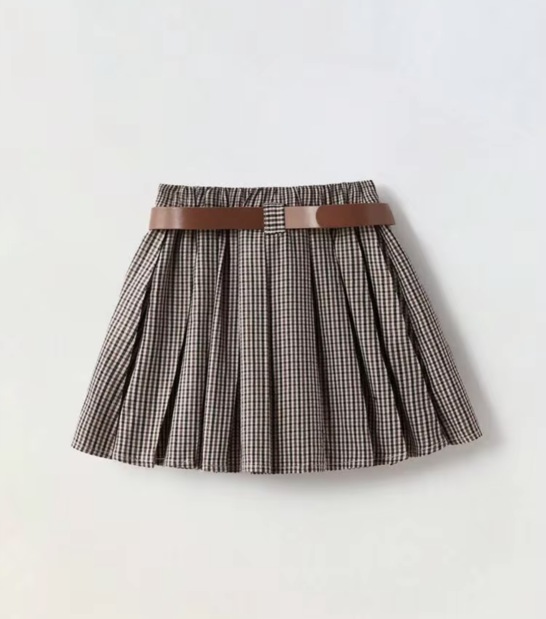 Girls Pleated Skirt Vintage Brown With Leather Belt