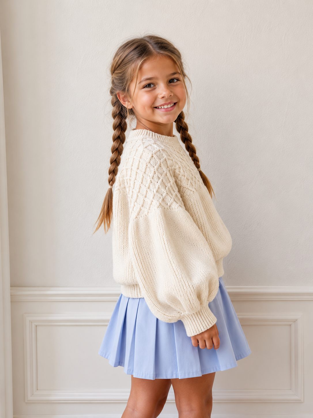 A young girl with long braided hair is shown from the back wearing a cream cable-knit sweater and a light blue pleated skirt, standing against a neutral cream wall with decorative molding.