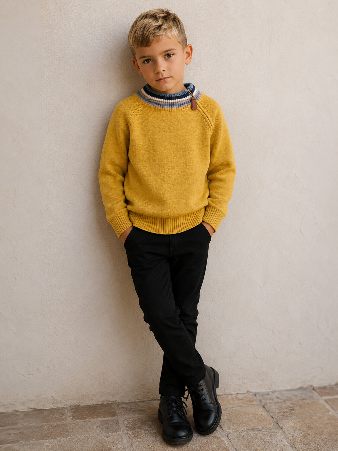 Boys Round Neck Knit Sweater mustard color with leather zipper
