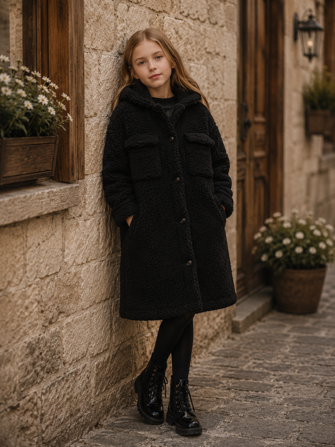 A young girl with long light brown hair stands against a rustic stone wall wearing a black textured teddy coat, black tights, and black lace-up boots in an outdoor alley setting.