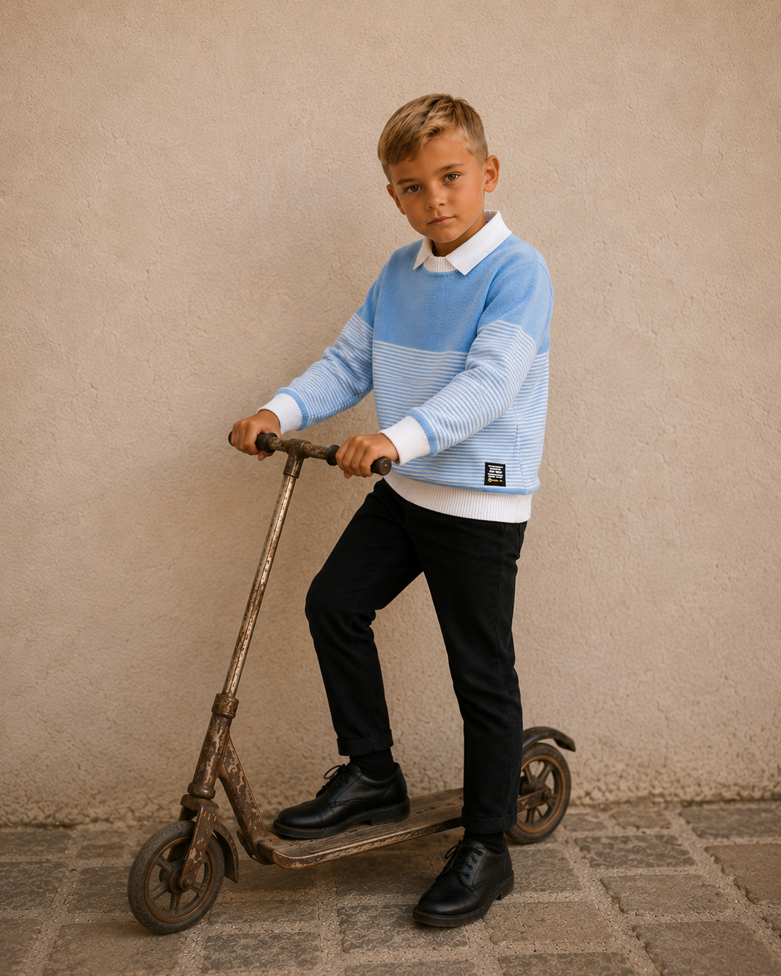 Boys light blue thin striped sweater with shirt collar