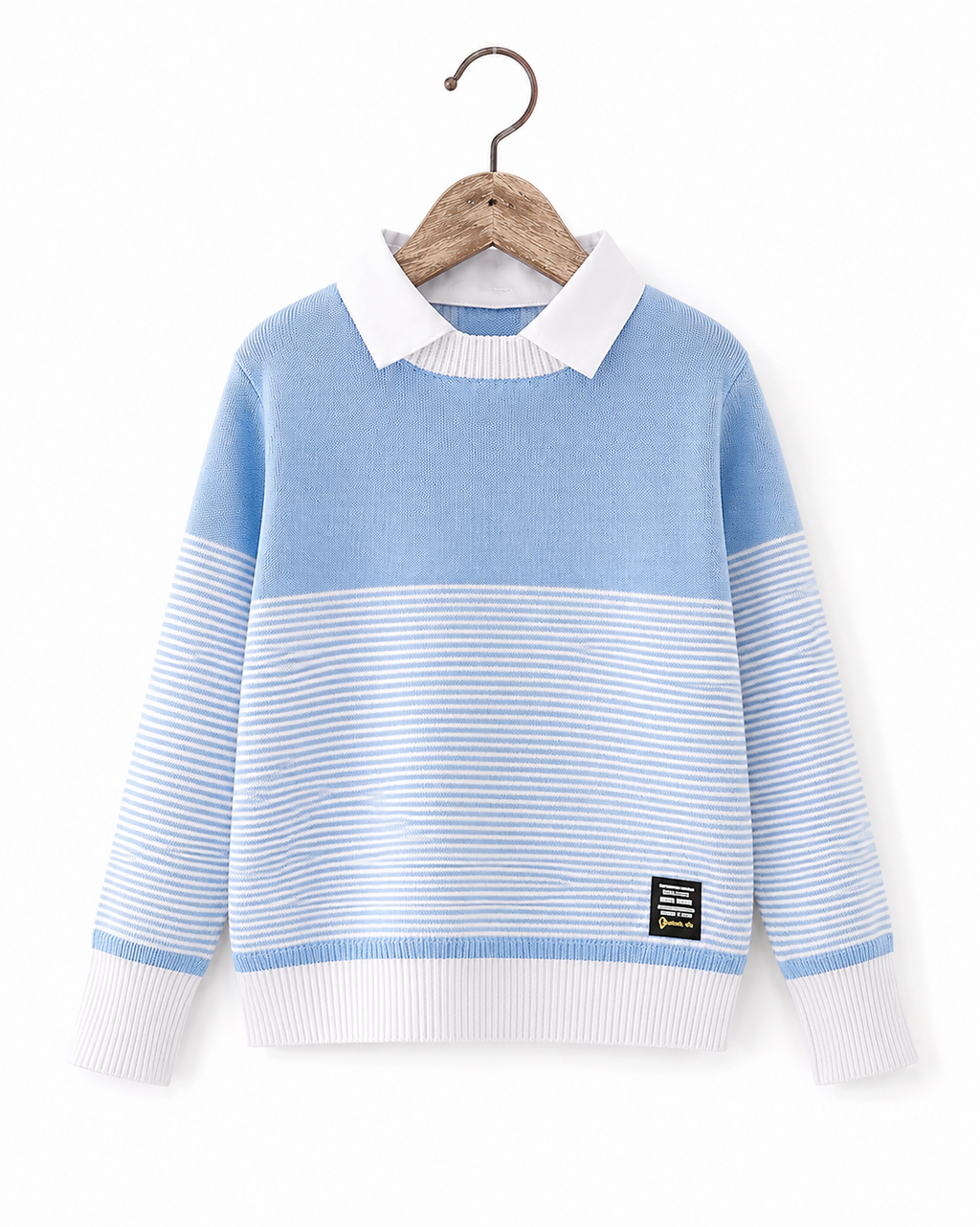Boys light blue thin striped sweater with shirt collar