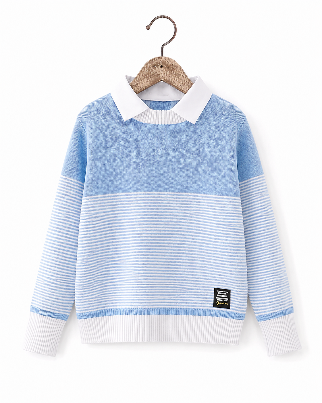 Boys light blue thin striped sweater with shirt collar