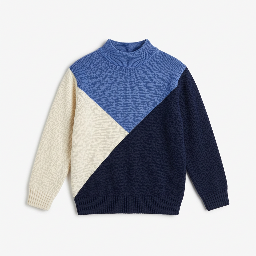 Blue, white and navy knit sweater laid flat on a white background