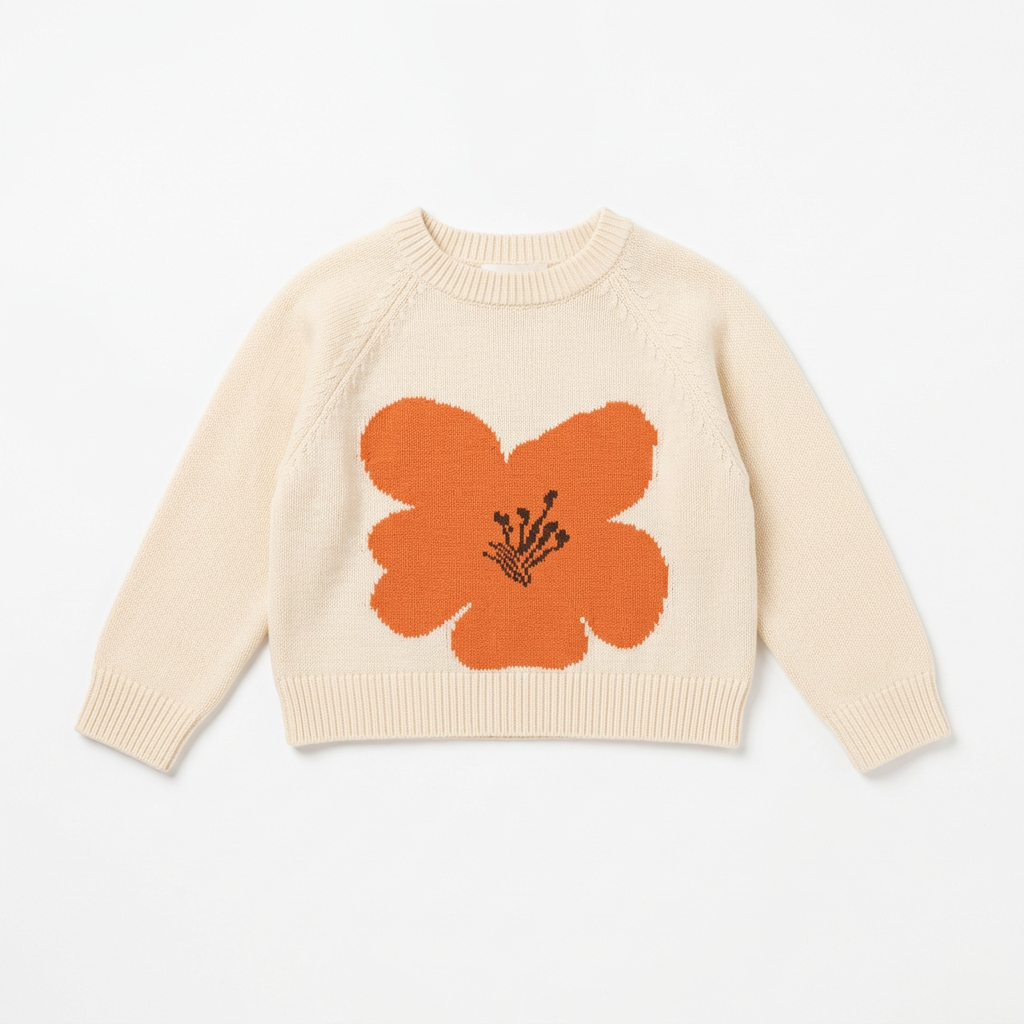 Ivory knit sweater with orange blossom motif laid flat on a white background