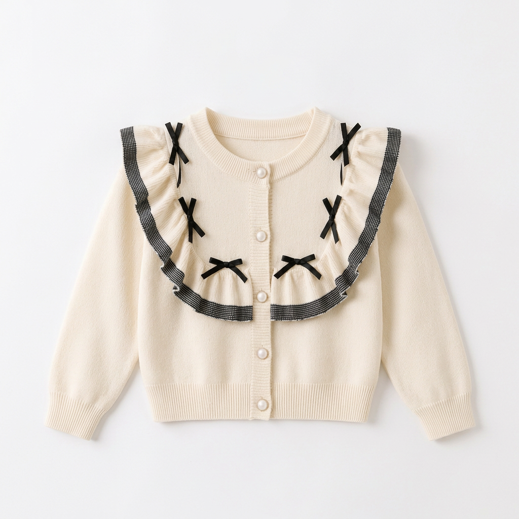 Ivory girls cardigan with black bows and gingham-trimmed ruffle laid flat on white