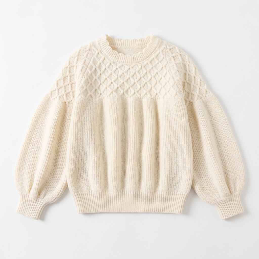 Front view of ivory white puff-sleeve knit sweater with diamond lattice yoke laid flat on white