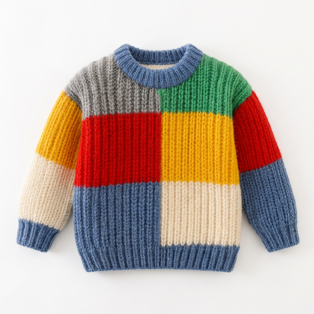 Multicolor chunky knit sweater laid flat on a white background without a hanger