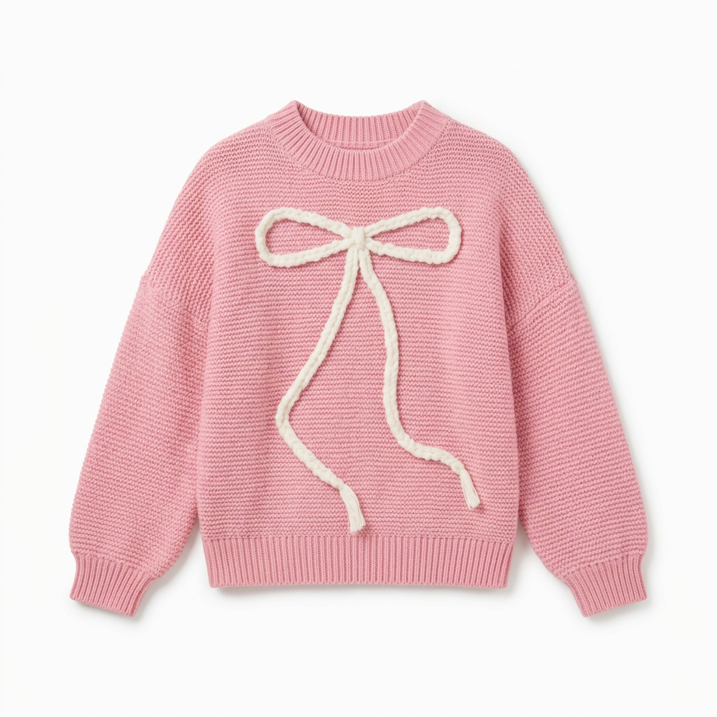 Front view of girls pink knit sweater with raised white bow laid flat on white