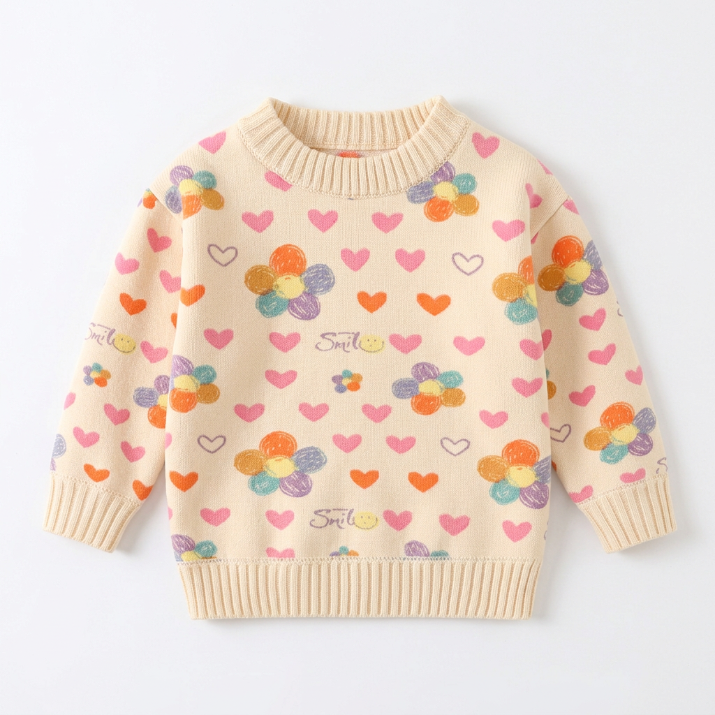 Front view of cream baby girl sweatshirt with colorful flowers and hearts laid flat on white