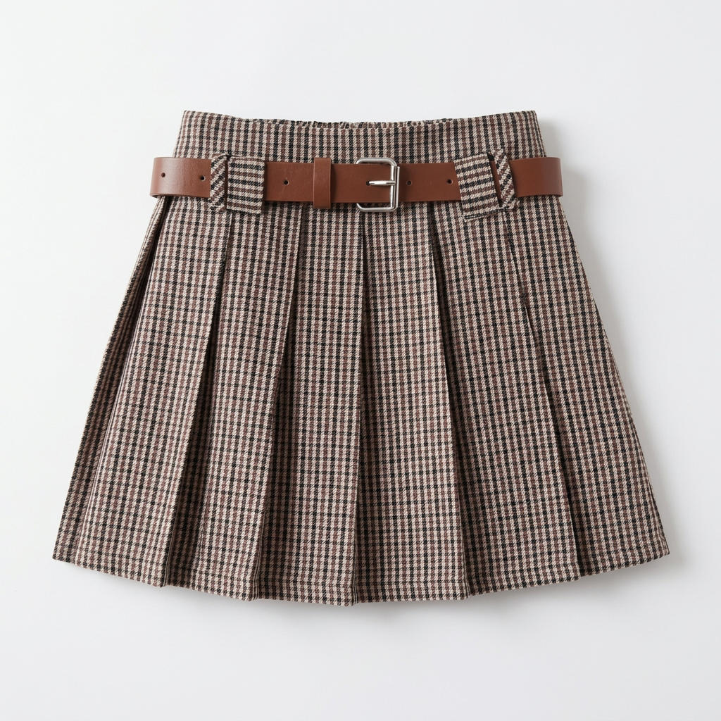 Front view of girls brown checked pleated skirt with brown leather belt laid flat on white