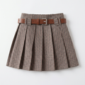 Front view of girls brown checked pleated skirt with brown leather belt laid flat on white