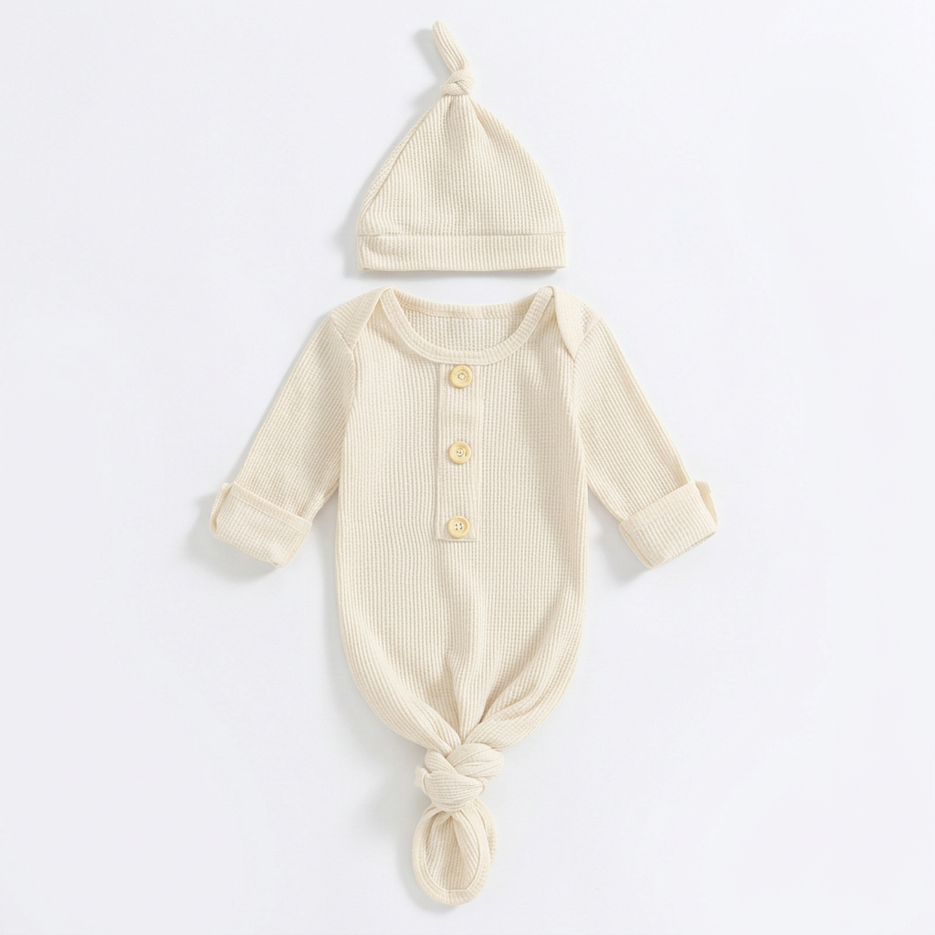 Ivory ribbed baby knotted gown and matching hat laid flat on white