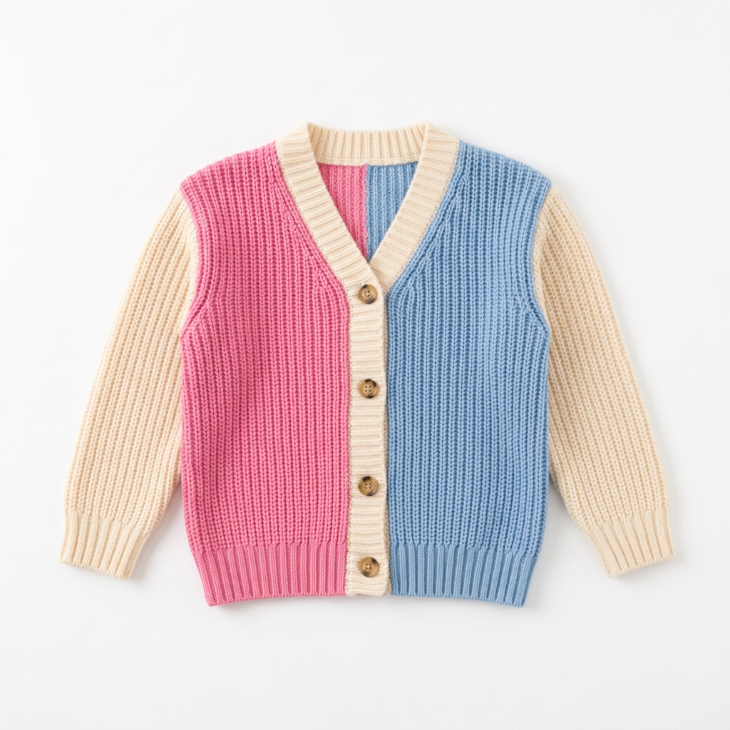 Pink and blue girls knit cardigan with cream sleeves laid flat on white