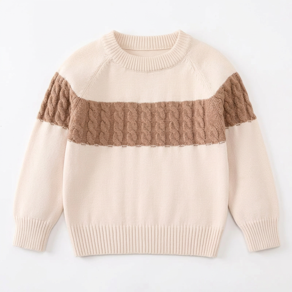 Front view of boys ivory beige sweater with brown cable-knit chest band laid flat on white