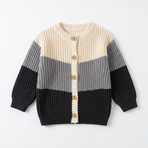 Cream grey and black button-front knit cardigan laid flat on white
