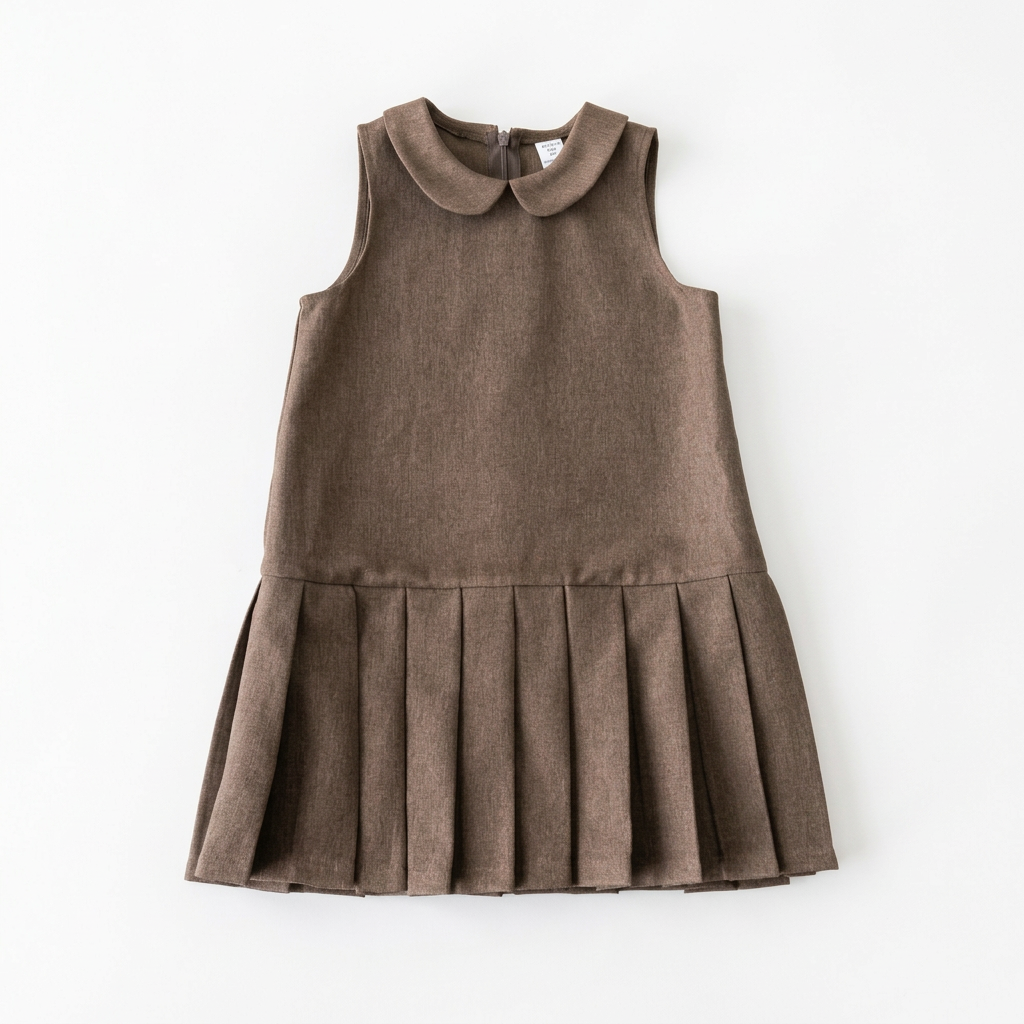 Front view of girls brown sleeveless pleated dress laid flat on white
