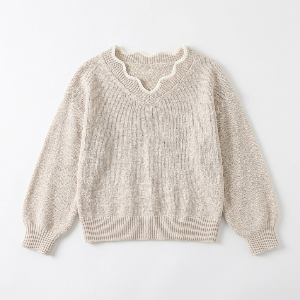 Front view of girls oatmeal scalloped-neck knit sweater laid flat on white