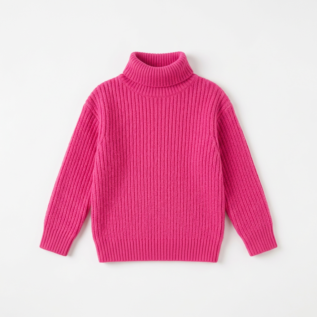 Girls fuchsia knitted turtleneck sweater laid flat on a white background