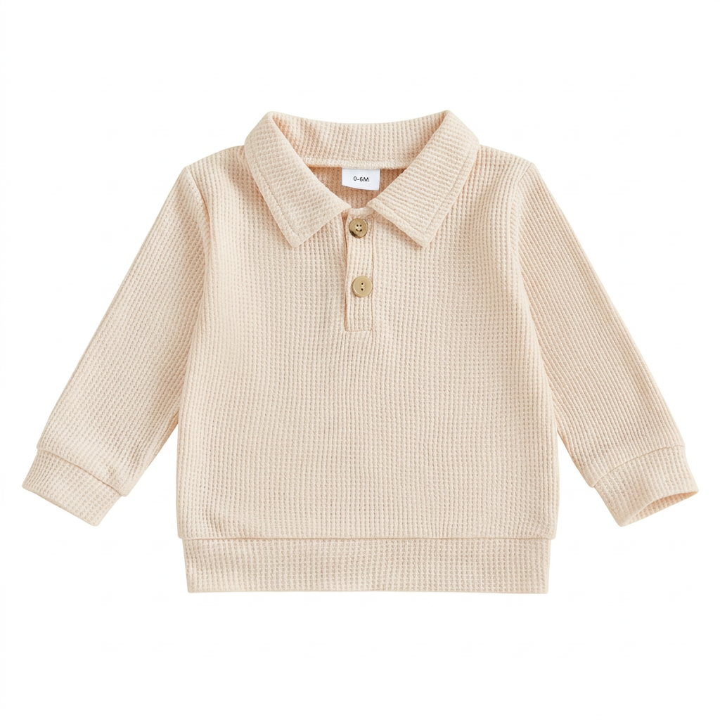 Front view of boys cream waffle-knit polo sweater laid flat on white