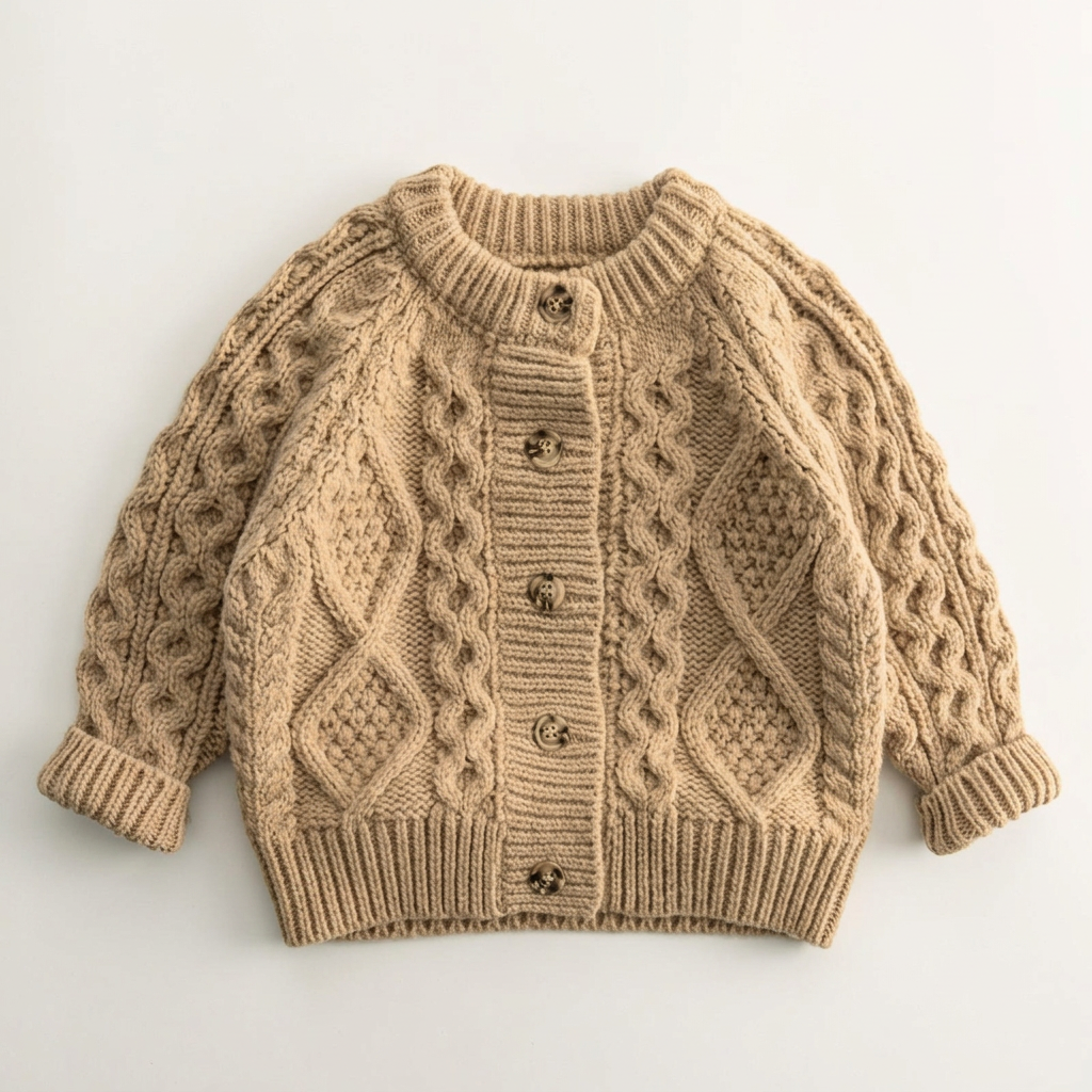 Boys brown cable-knit button-down cardigan laid flat on a white background