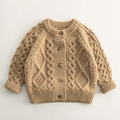 Boys brown cable-knit button-down cardigan laid flat on a white background