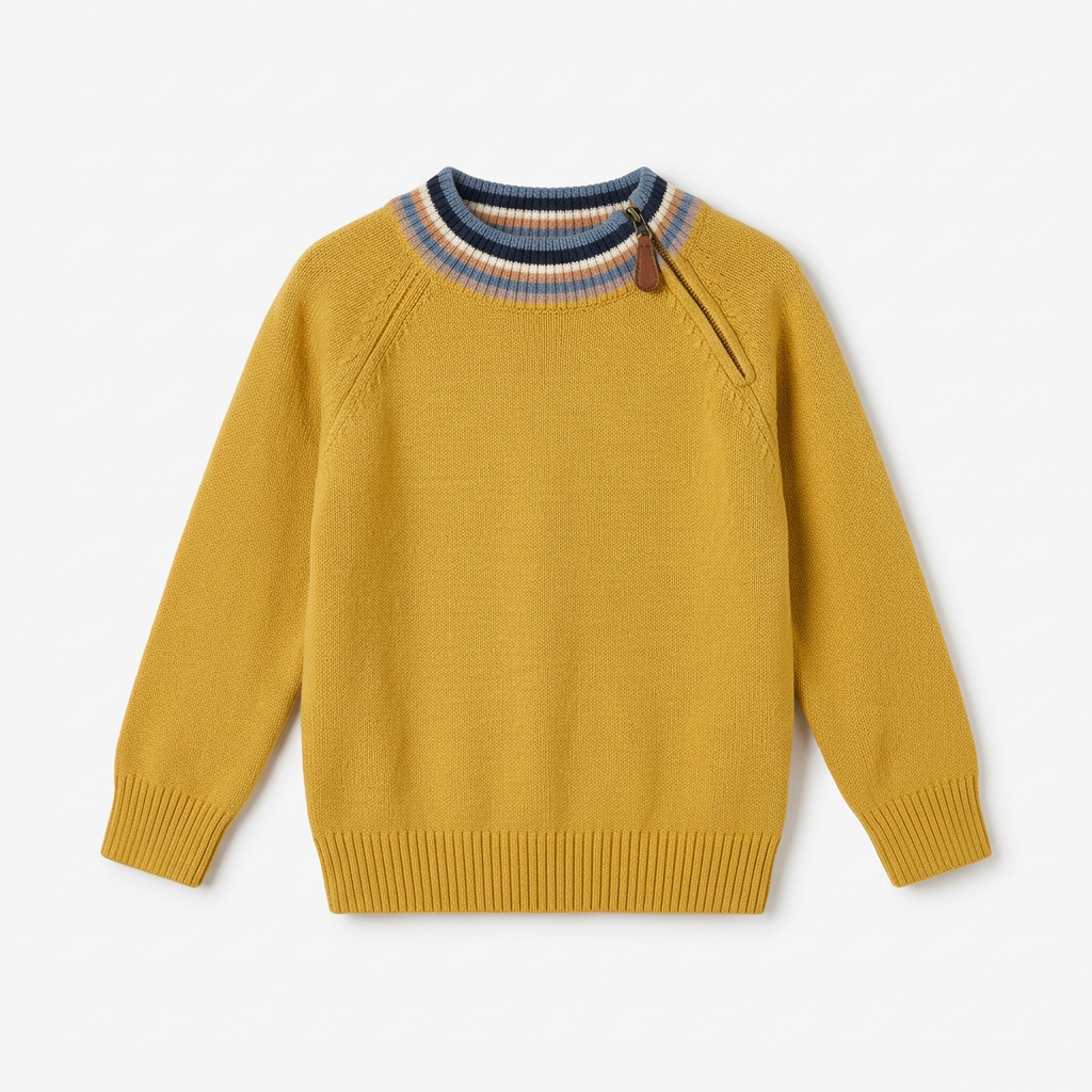 Mustard knit sweater with striped neckline and leather zipper pull laid flat on white