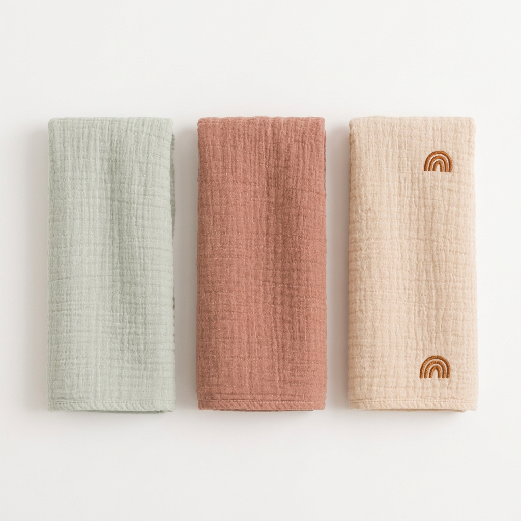 Sage green, dusty rose and cream rainbow muslin swaddles laid flat on white