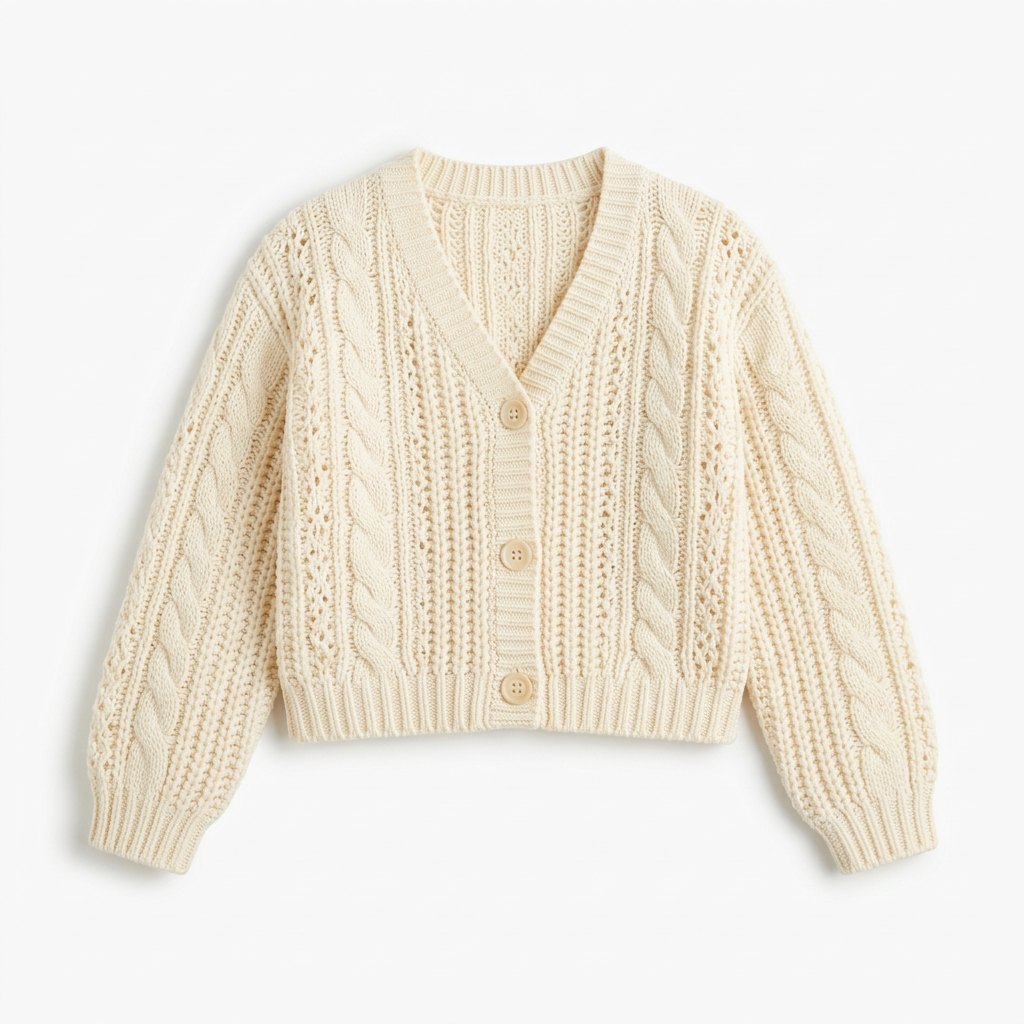 Girls ivory cable-knit cardigan laid flat on a white background