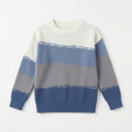 Boys white blue and grey striped round-neck knit sweater laid flat on white