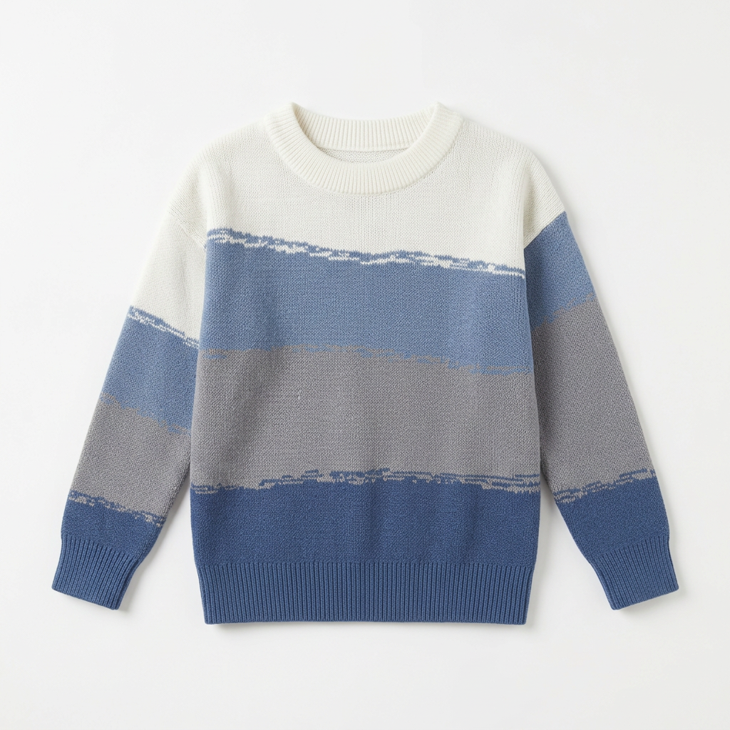 Boys white blue and grey striped round-neck knit sweater laid flat on white