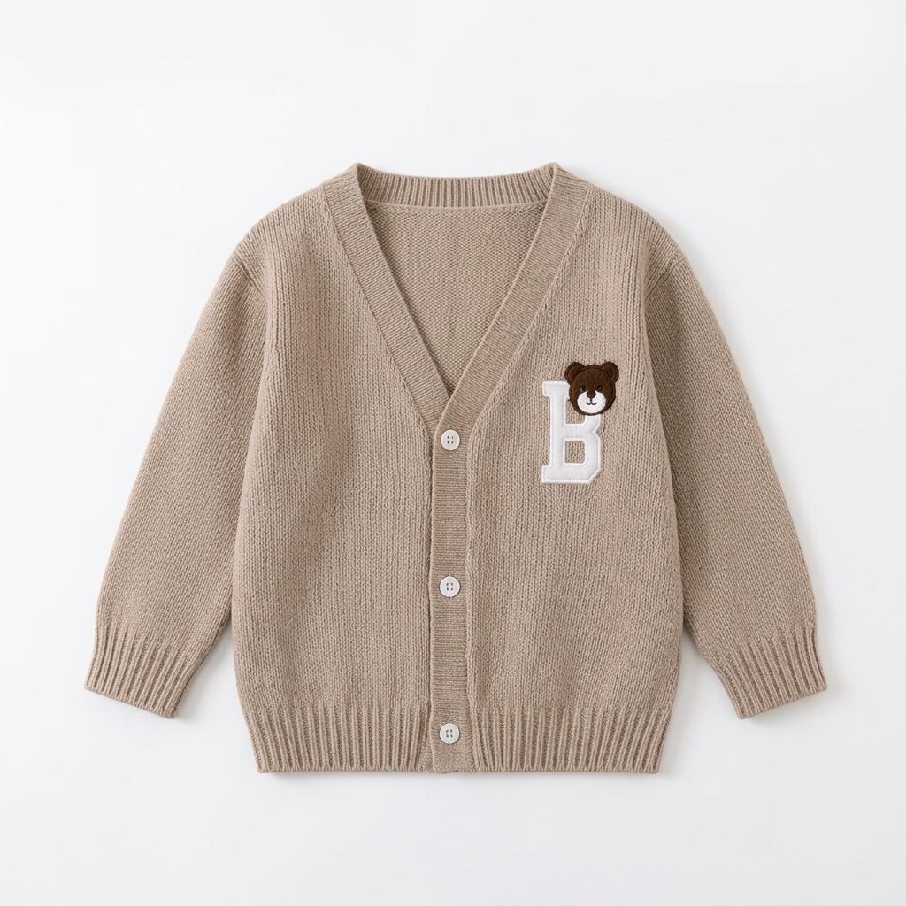 Taupe boys knit cardigan with B and bear applique laid flat on white