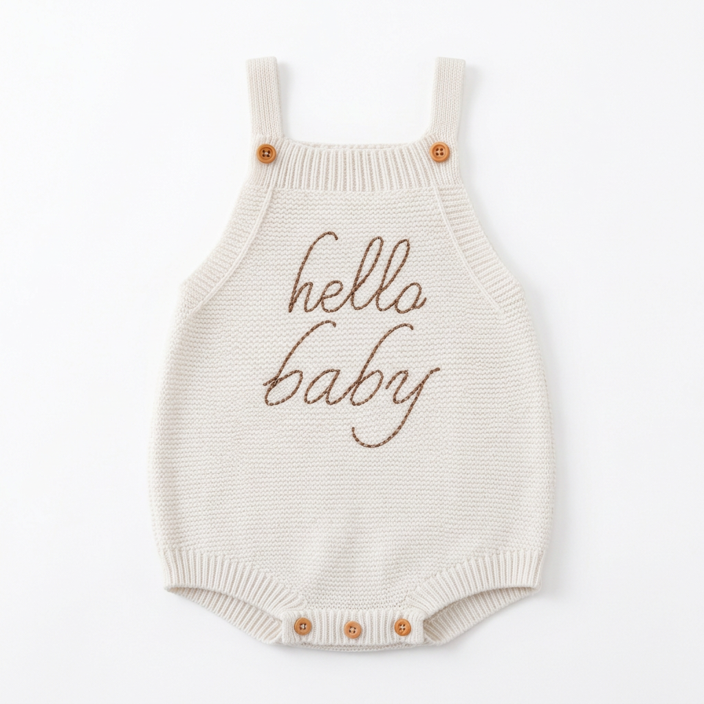Front view of ivory Hello Baby knitted strap romper laid flat on white